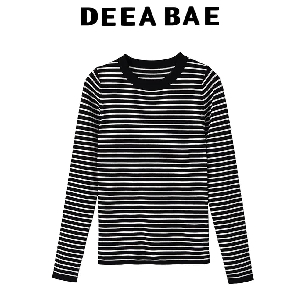 DEEABAE 2026 Autumn New Product Women's Simple Translucent Long Sleeve Round Neck Casual Fine Needle Striped Knitted Sweater