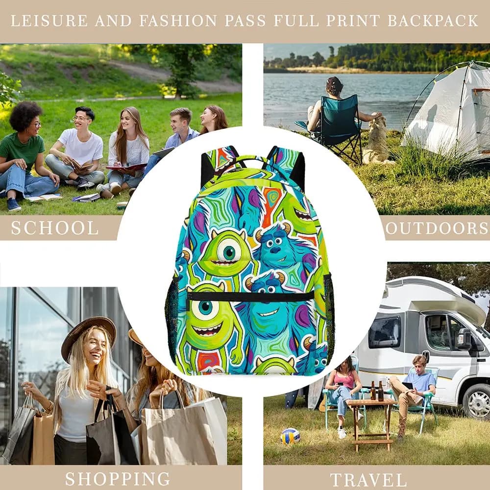 Trendy Monsters Sullivan&Wazowski print backpack for teenagers, aesthetic school bag with cartoons, large capacity laptop travel backpack
