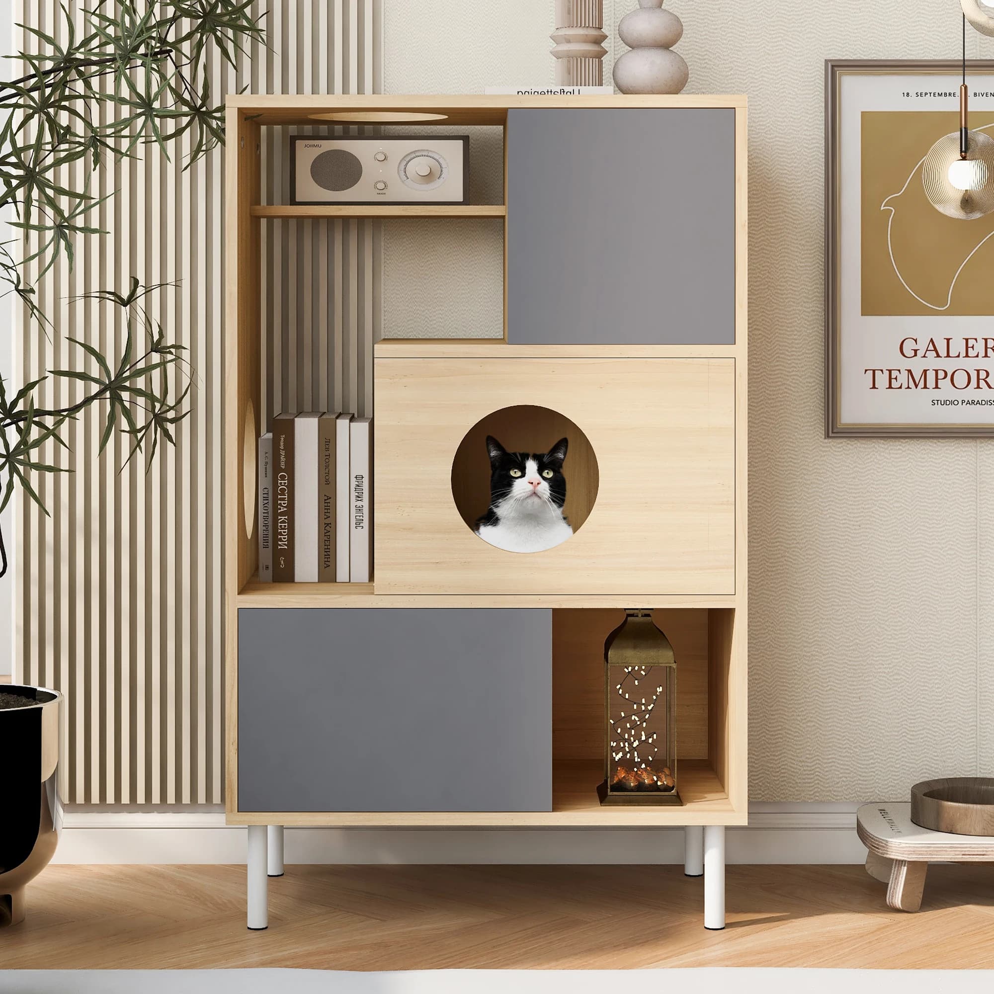 Mobiletto 2 in 1 moderno per gatti con albero da arrampicata e contenitore laterale, piccola libreria in legno con vano per lettiera, mobiletto arrampicabile per gatti con nascondiglio
