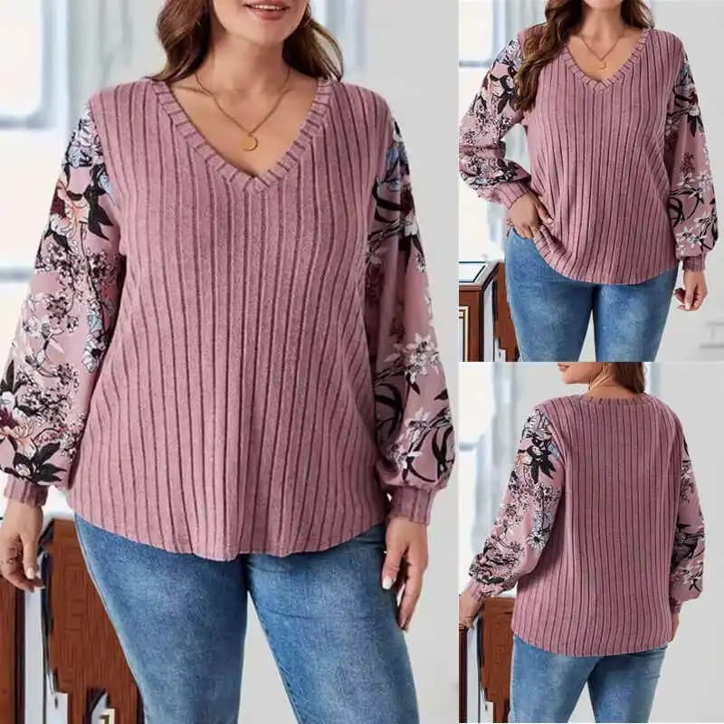 Camicetta Autunnale da Donna Taglie Forti, Casual, Ampia, Comoda, Traspirante, a Maniche Lunghe, Scollo a V, in Cotone Poliestere