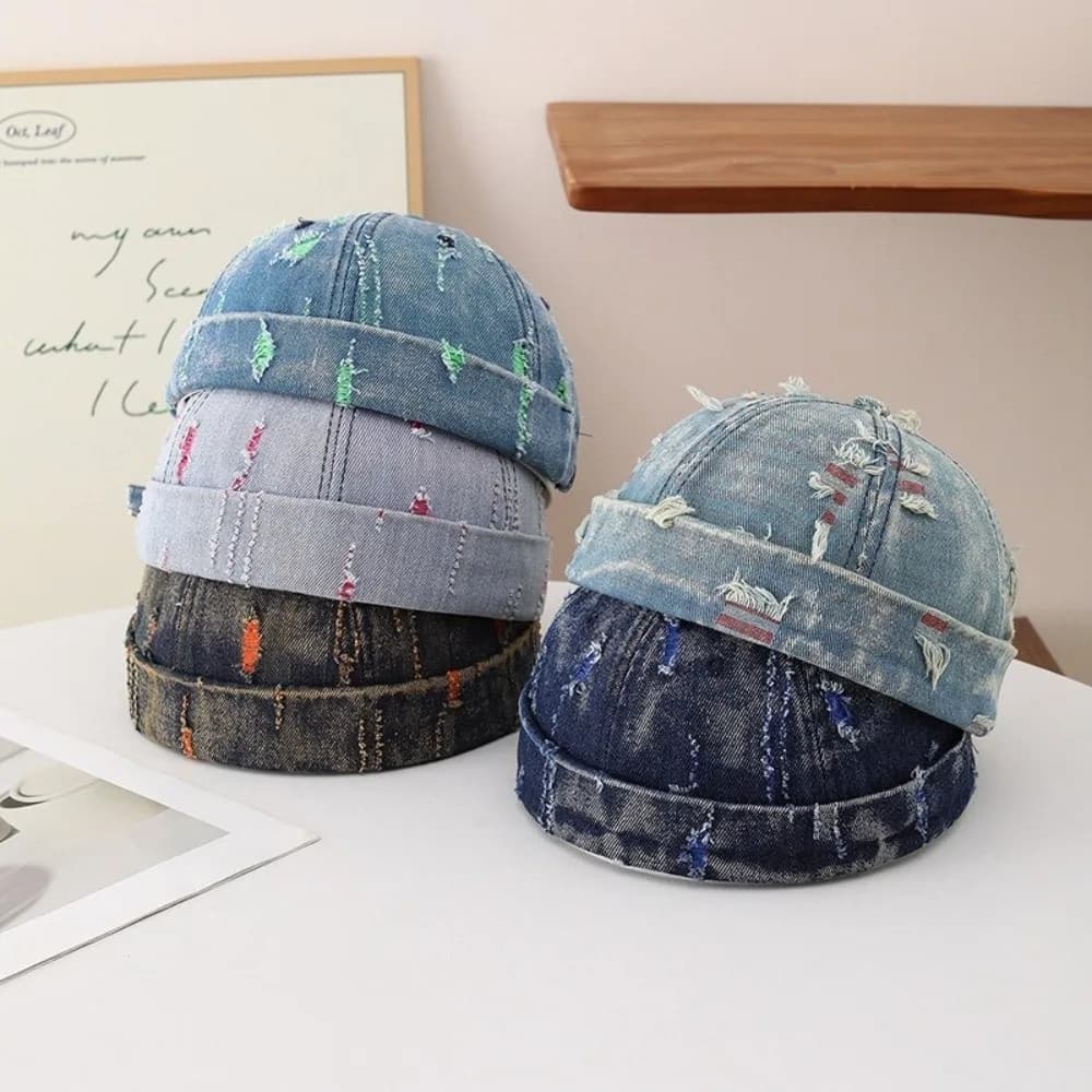 Broken Denim Docker Cap Cotton Polyester Blend Graffiti Print Brimless Beanie Without Visor Adjustable Frayed Edges