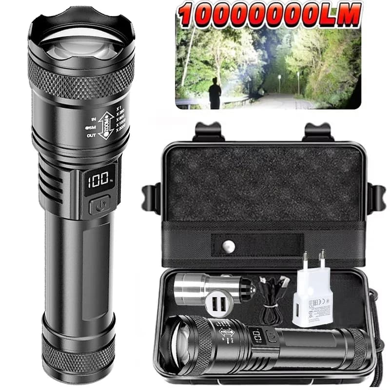 High Power LED Flashlight USB Rechargeable Flashlight with Display Zoomable Light with Battery Camping Lamp for Hiking Emergency Lantern