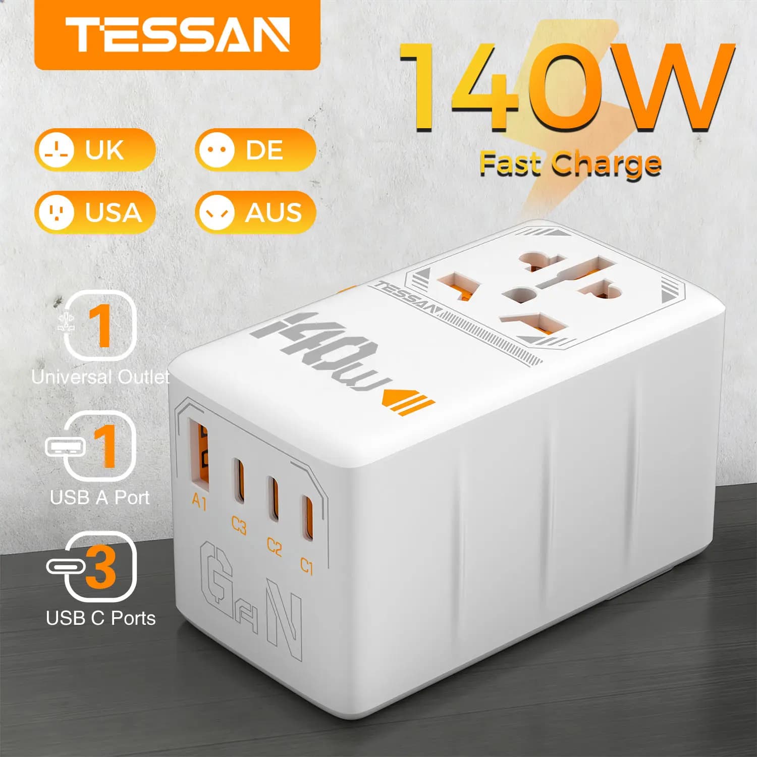 Adattatore da viaggio universale TESSAN 140W/100W GaN con porta USB per ricarica rapida, adattatore internazionale EU UK USA AUS per viaggi