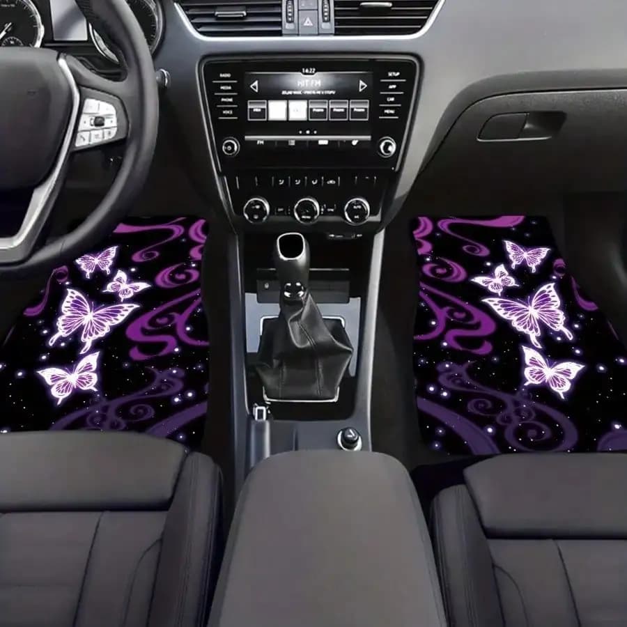 2 tappetini per auto con stampa di farfalle bianche e viola, per sedili anteriori e posteriori, per tutte le stagioni, per interni auto