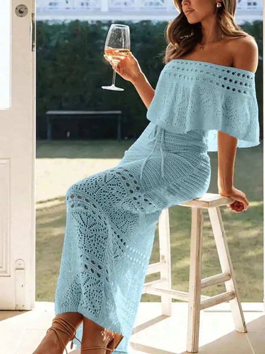 Elegante Abito Lungo Traforato con Spalle Scoperte e Coulisse, Blu Cielo, per Donna, Estivo, da Spiaggia e Festa
