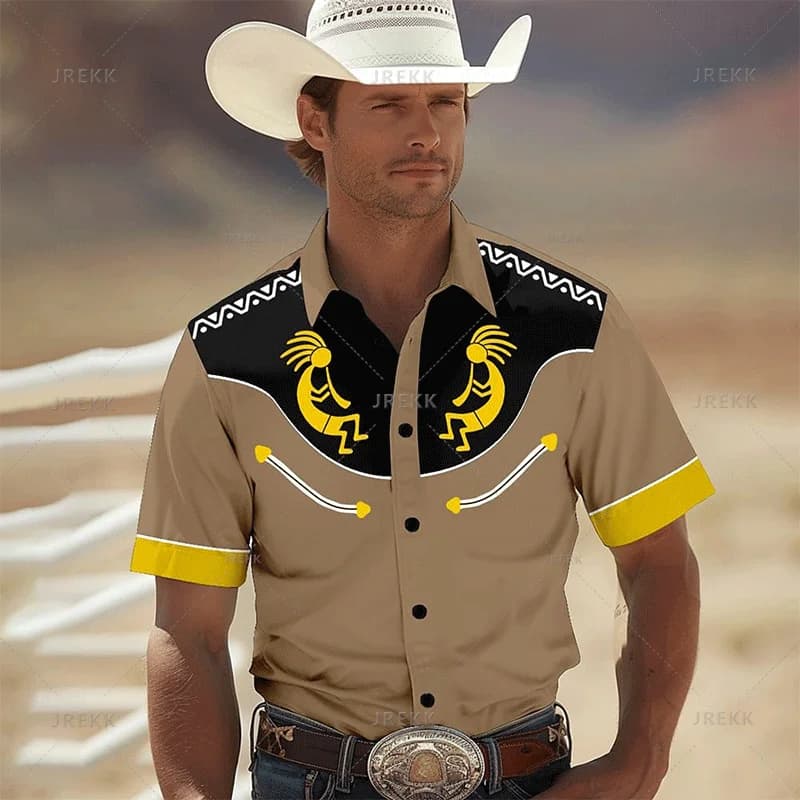 Harajuku 3D American West Cowboy Printing Shirts For Men Fashion Streetwear Shirts & Blouses 80s Cool Casual Lapel Blouse Tops