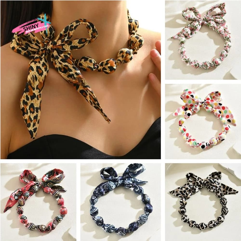 Floral Printed Women Scarf Necklace Bohemia Style Soft Boho Style Neckerchief Comfortable Bowknot Retro Leopard Print Choker