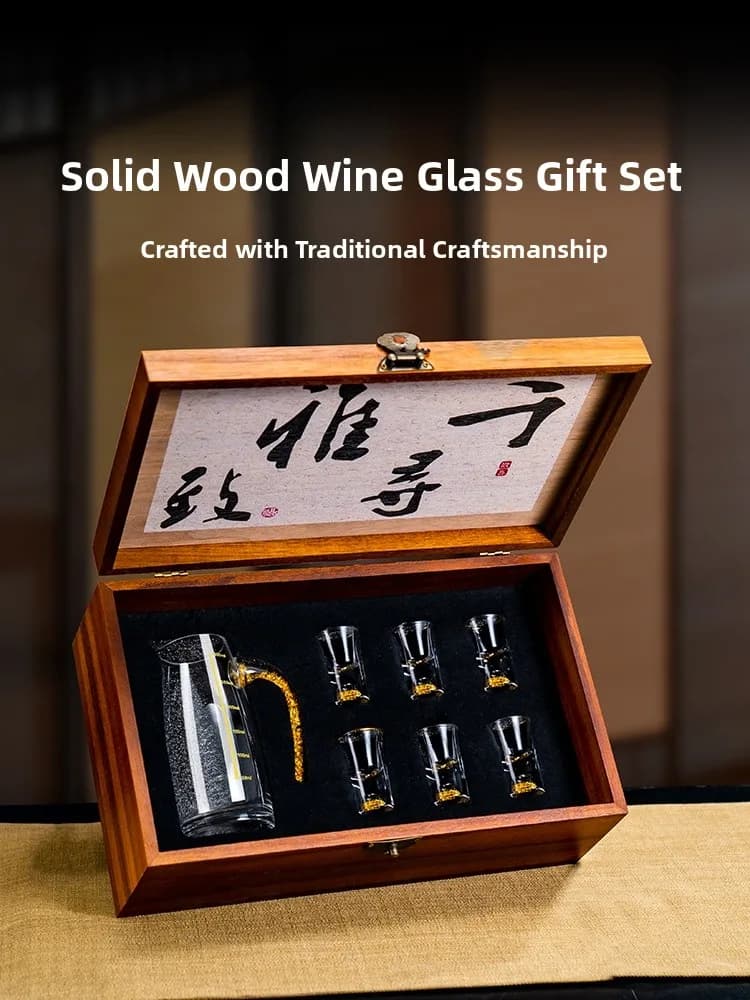 Chinese Style Wood White Wine Cup Set with Crystal Gold Foil Dividing Pouring Cup Bullet Cup Drink Dish Home Gift