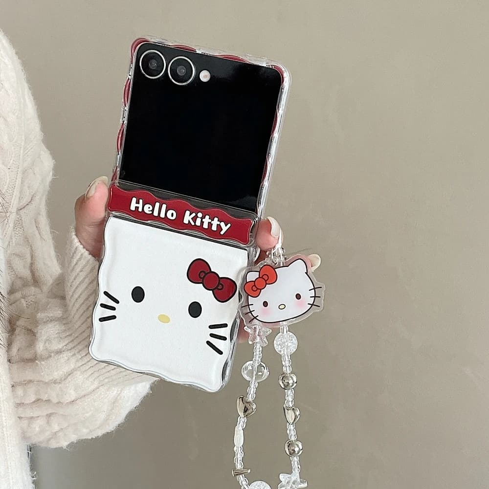 Custodia per telefono con motivo a pois e fiocco di Hello Kitty di Sanrio, simpatica e cartoonesca, per Samsung Galaxy Z Flip 7, con bordo ondulato e cover rigida con laccetto.