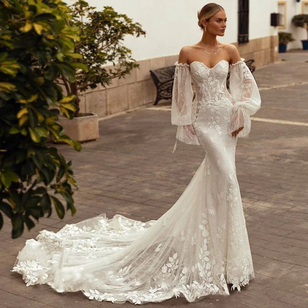 Incantevole abito da sposa a sirena con scollo a cuore maniche lunghe abito da sposa con applicazioni in pizzo maniche morbide staccabili tulle personalizzato