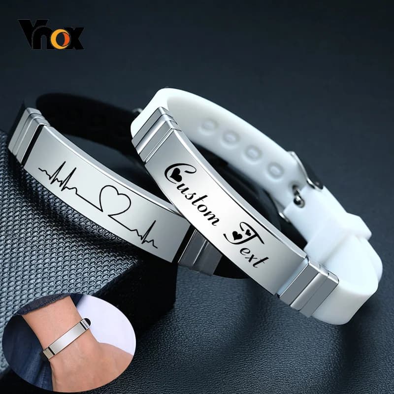 Bracciale in Silicone Casual Vnox per uomo donna con servizio di incisione personalizzato Tag ID in acciaio inossidabile gioielli Unisex personalizzati