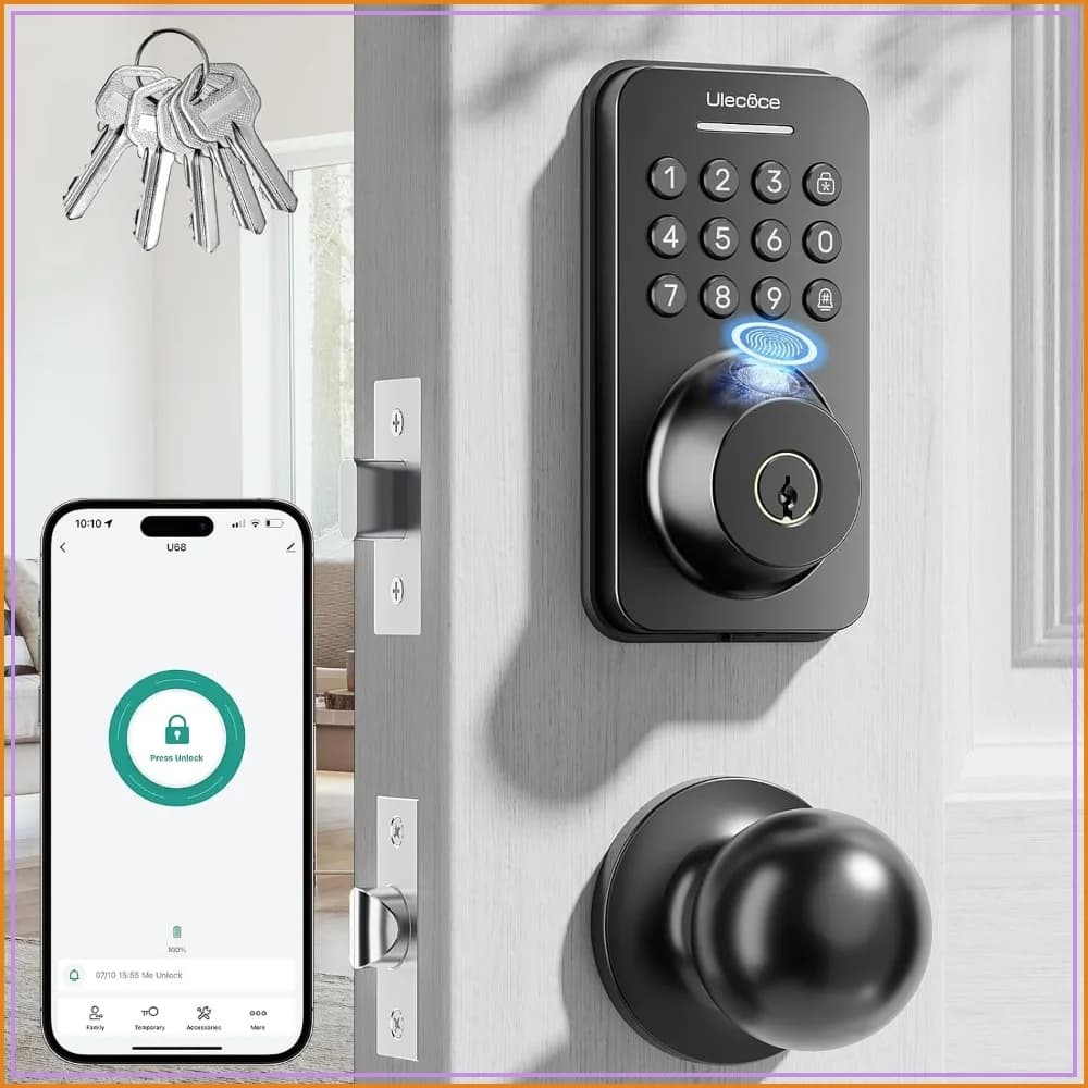 Fingerprint Keypad Deadbolt with Knob, Keyless Entry Door Lock, App Control, Auto Lock, 100 User Codes, Easy Install, Matte Black