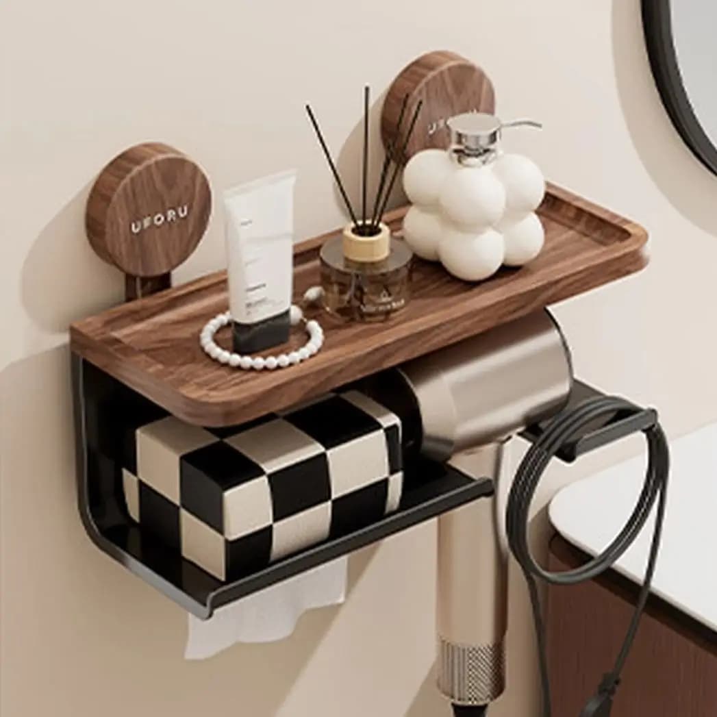 Suction Cup Toilet Paper Holder Wall Shelf No Drill Bathroom Tissue Organizer Wood Grain Long Box