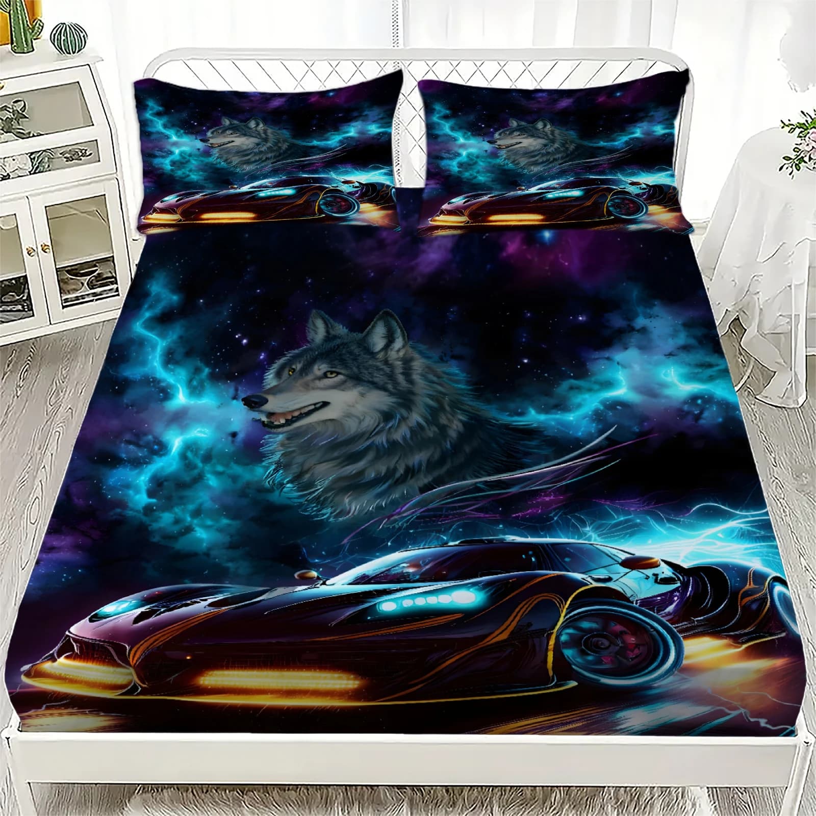 1 Pezzo Lenzuolo con Angoli in Poliestere 100% Resistente, Design Lupo Auto da Corsa, Senza Federe, Decorazione per Camera da Letto, Regali di Compleanno per Ragazzi