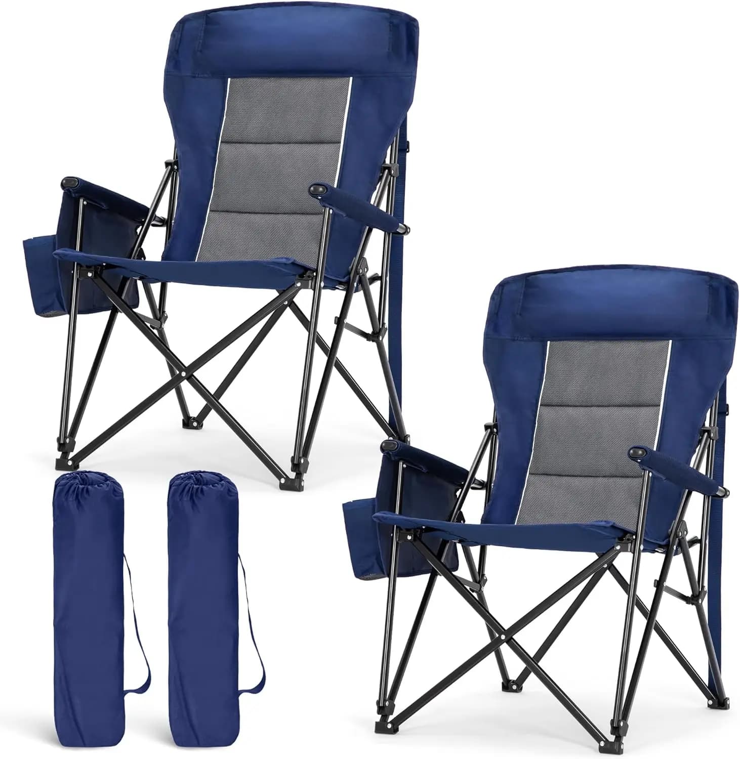 Sedie da campeggio oversize con schienale alto da 29,52 pollici, resistenti, per giardino, supportano 227 kg, portatili e pieghevoli con portabicchieri e tasca laterale