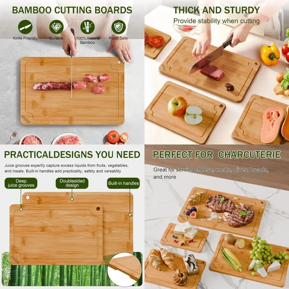 Set di 4 Taglieri in Legno con Scanalature per il Succo e Manici per Carne, Verdure, Frutta