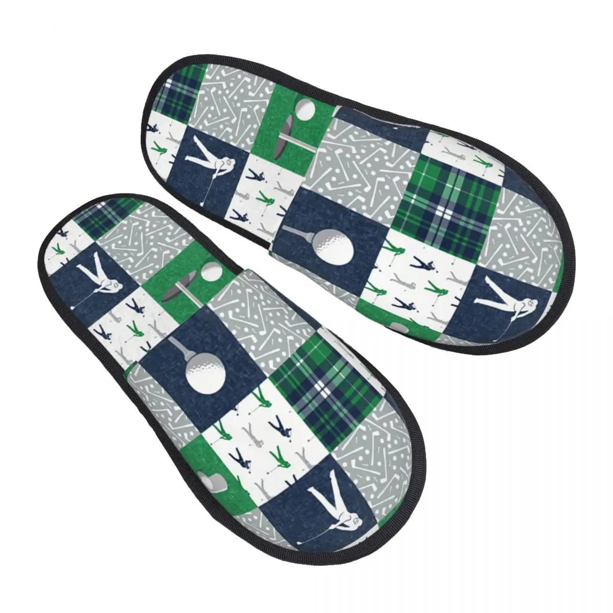 Navy Plaid Golf Slippers for Guests, Personalized Women's Slippers for Spa and Home