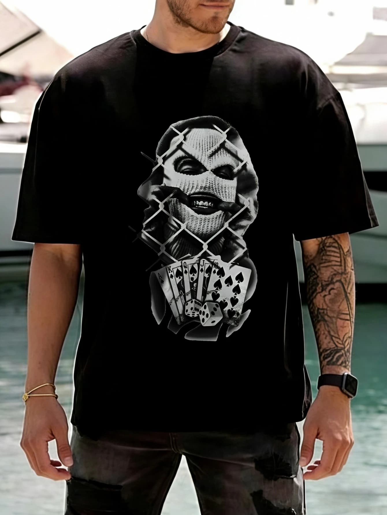 T-Shirt Oversize in Men's Cotton, Streetwear Style, With Print Funny Woman Playing Poker, Short Sleeve, Casual Summer for Him