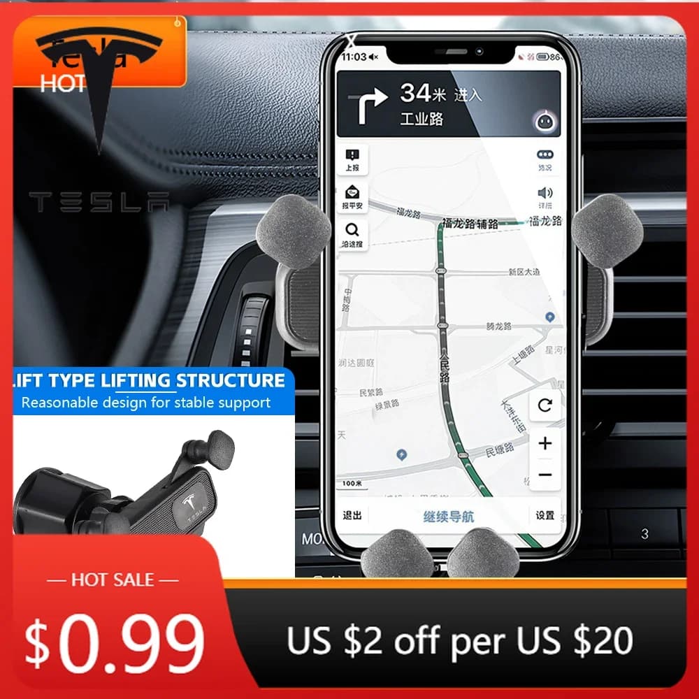 Supporto per telefono da auto Tesla Gravity, supporto telescopico per telefono da auto con presa d'aria, supporto per telefono girevole a 360 gradi per Tesla Model