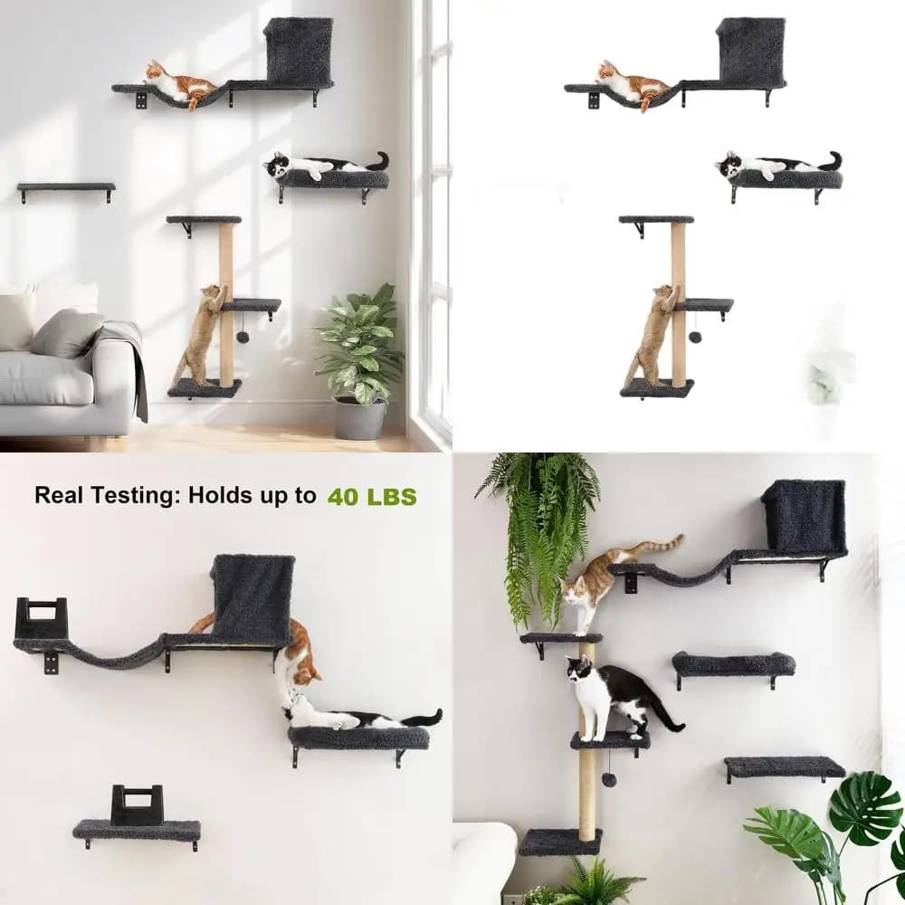 Parete per gatti in legno grigio 4 in 1 con tiragraffi e ripiano da arrampicata per 16 cartongesso