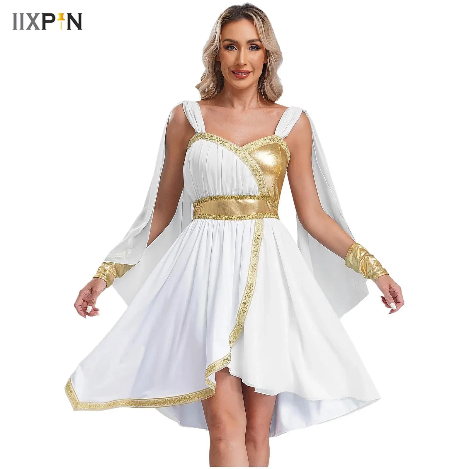 Women Ancient Greece Dresses Halloween Toga Dress Up Costume Gold Stamped Chiffon Dress and Cuffs for Dance Party Performance