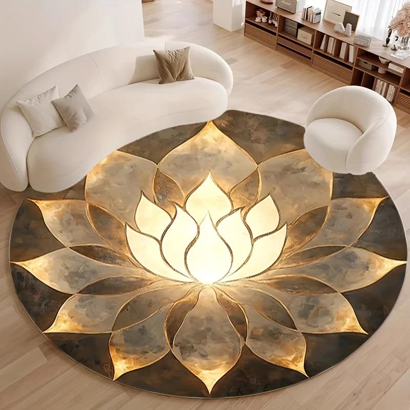 Golden Round Carpet with Meditation Lotus, Zen Yoga Mat Mandala, Unique Spiritual Decoration for Home with Anti-slip Base