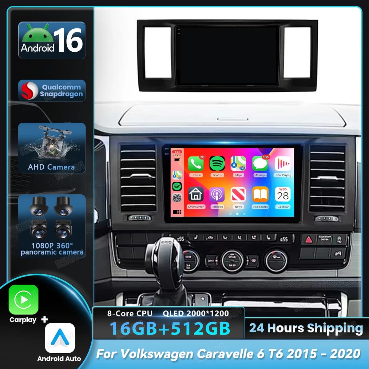 Autoradio Android 15 with Carplay for VW Volkswagen Caravelle 6 T6 2015-2020, Multimedia Reader with Screen Touch and Stereo Video