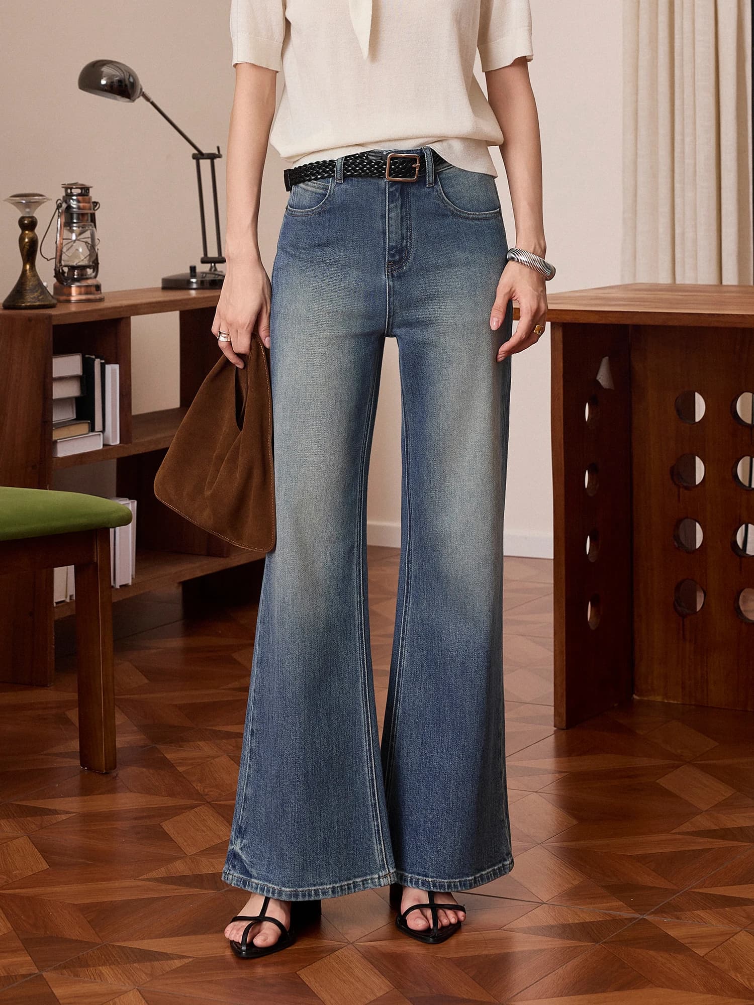 Jeans Denim Micro Flare CLMX American Retro Classic Fit in Misto Cotone Lyocell Lavato, Pantaloni Lunghi da Donna per il Pendolarismo