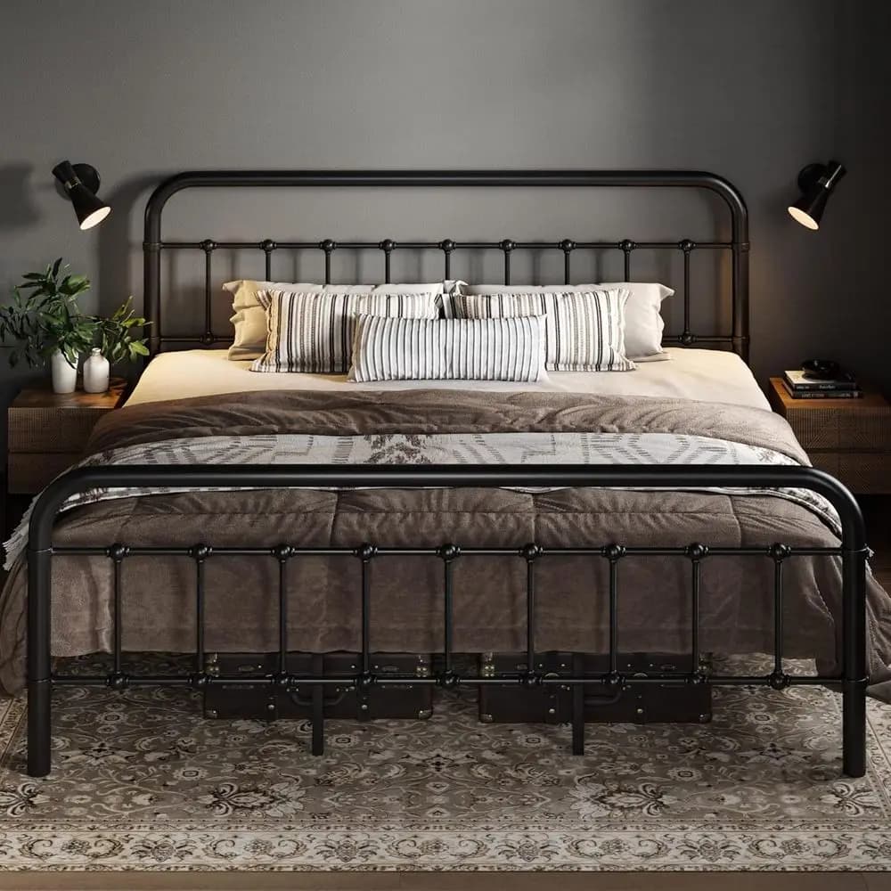 Letto king size con piattaforma in metallo e pannello/footboard in ferro battuto in stile Ian, non richiede rete a molle, nero
