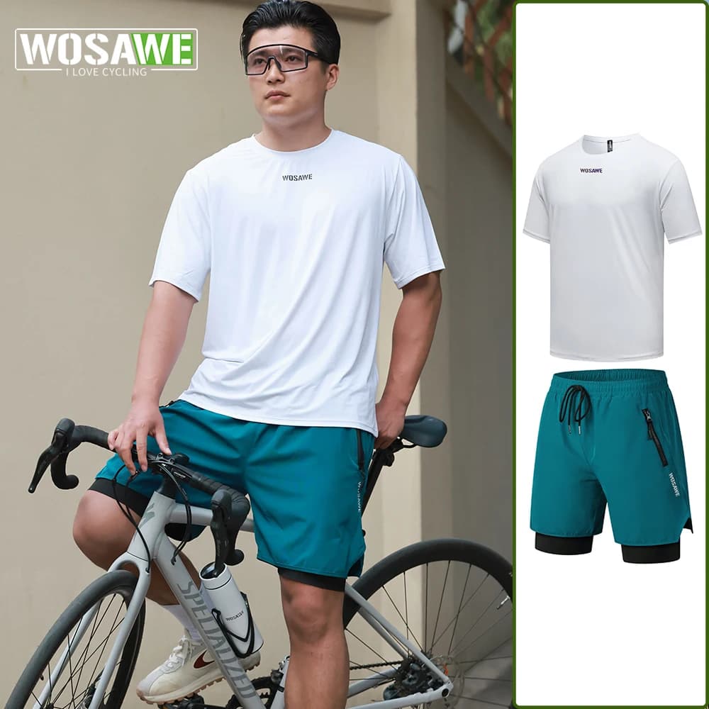 WOSAWE Cycling Summer Set with 4D Padded Knit and MTB Shorts, T-shirts Quick Drying for Downhill, Fitness and Motocross, Court Larghe Sleeves