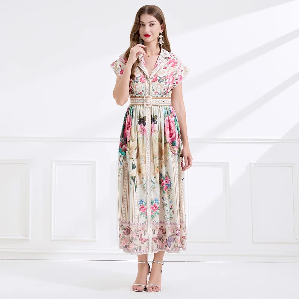 Elegante Abito Midi Stile Corte 2025 con Stampa a Maniche Corte, Gonna a Balze in Poliestere per Viaggi e Altre Occasioni