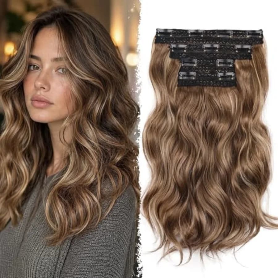 Clip in Hair Extensions - 14 Inch Wavy Synthetic Hair Extensions Clip ins Color: Ash Brown with Beige Blonde Highlights