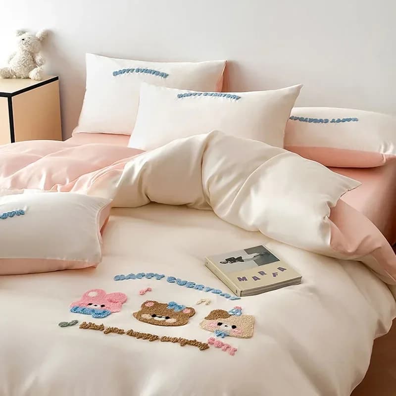 New Cartoon Towel Embroidered Cotton Bedding Sets Ice Silk Cooling Bare Sleeping Quilt Cover Set Summer Cozy Bedclothes for Home