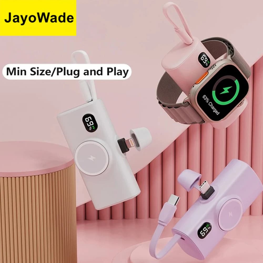 JayoWade 5000mAh Mini Power Bank Spina del cavo per iPhone Xiaomi Samsung Powerbank Caricatore wireless magnetico per iWatch 9 8 Batteria