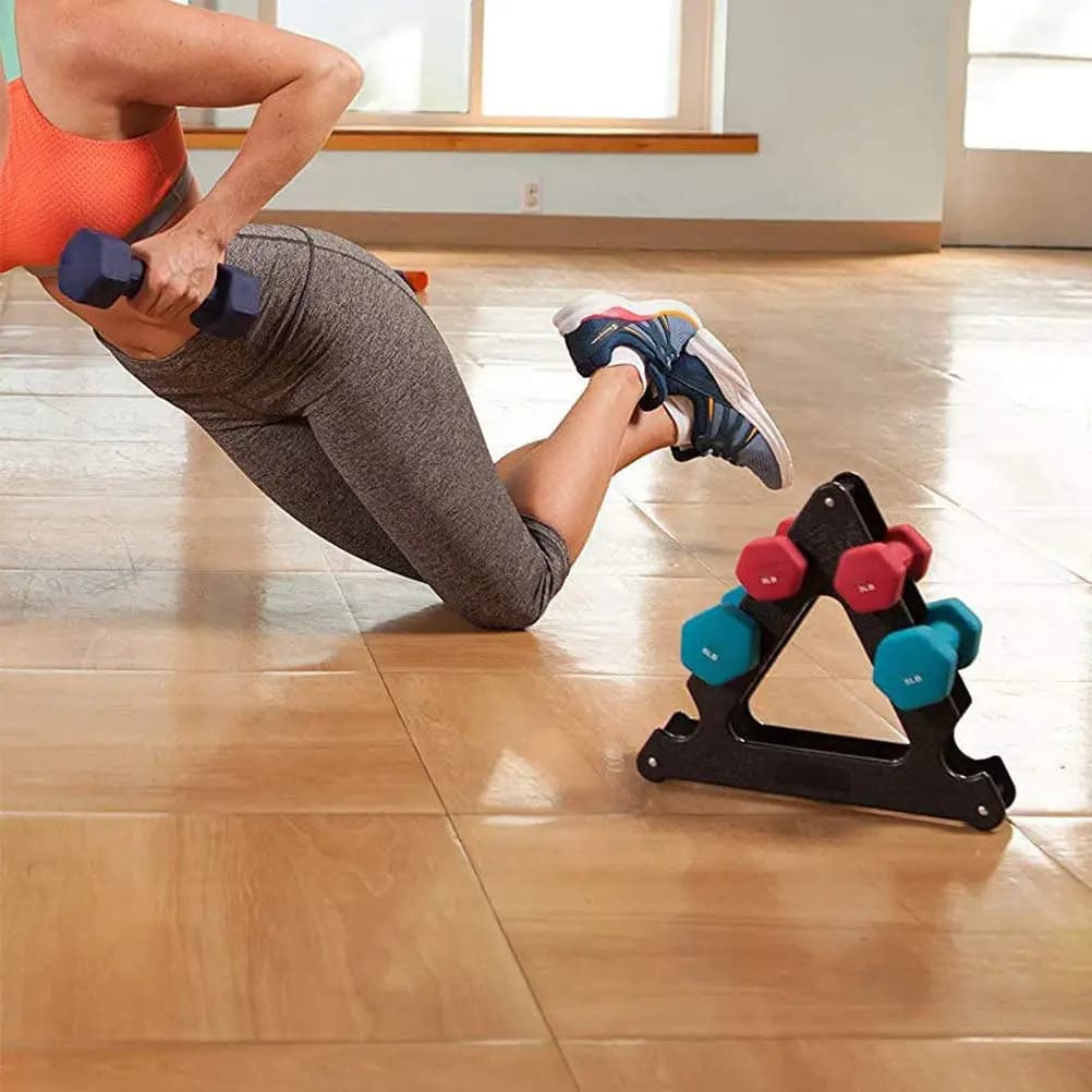 Supporto per manubri da 2 pezzi, design compatto a treppiede, portaoggetti in PP anti-ribaltamento, accessori per attrezzature fitness, porta manubri