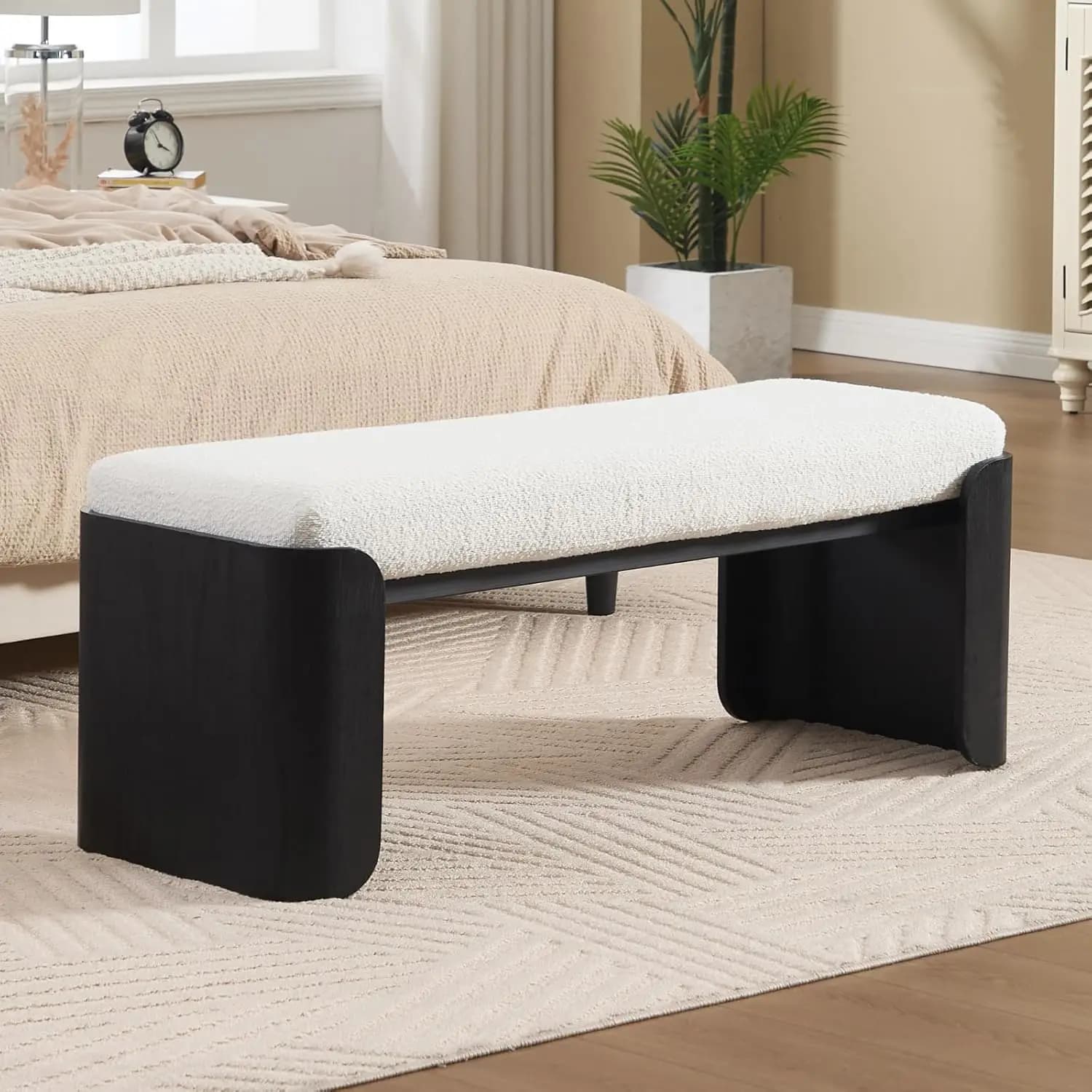 Panca Moderna Bianca in Sherpa per Camera da Letto, Panca Lunga da Ingresso da 124 cm con Gambe in Legno Massello, Panca Imbottita per Sala da Pranzo/Ottoman