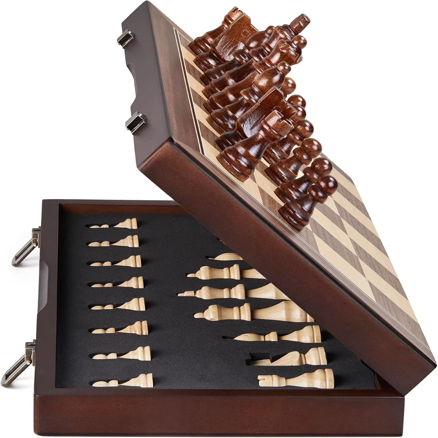 Set di scacchi in legno da 39 cm/15", tavola pieghevole, pezzi artigianali, slot per riporre oggetti, confezione regalo, per adulti, principianti e tornei