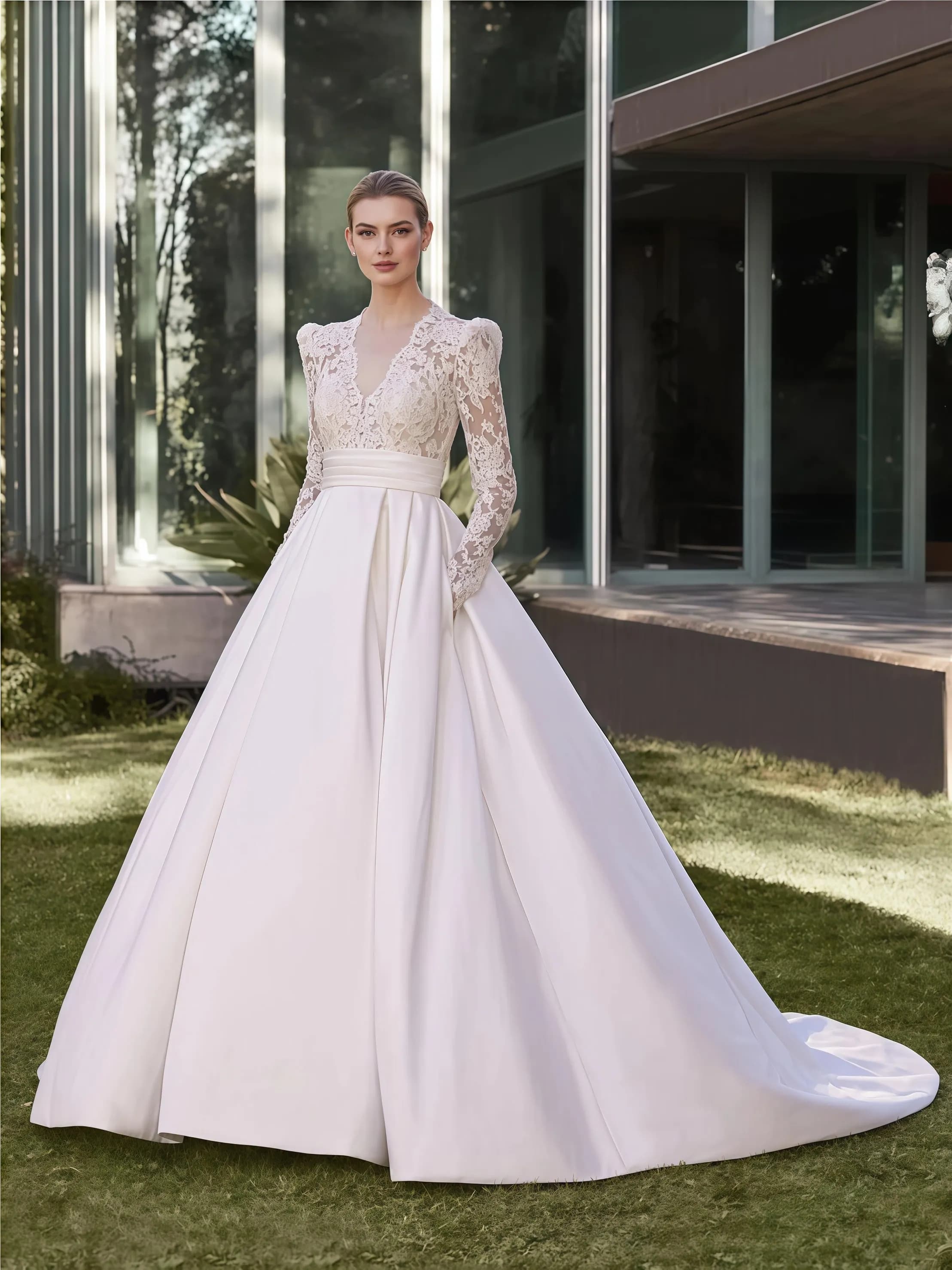 Modest Ball Gown With Lace Wedding Dress Customized V Neck Women's Bridal Gown Stunning Satin Illusion Long Sleeves Wear No Veil