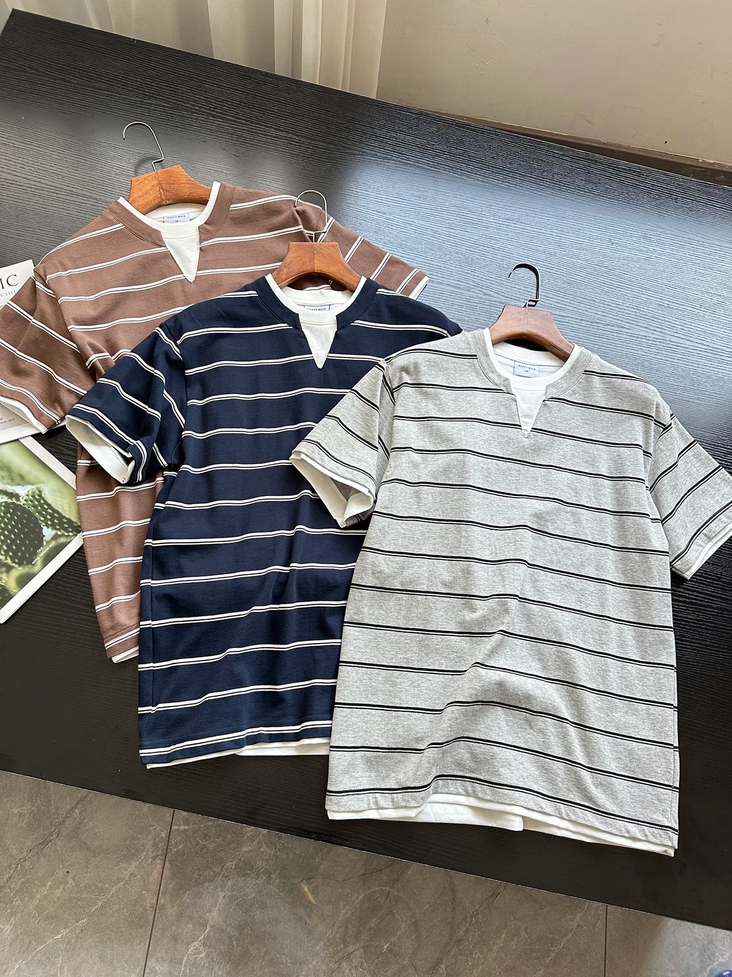 Lightweight Cotton Short Sleeve T-Shirt for Men Skin-friendly Casual Style Striped Pattern Summer Breathable