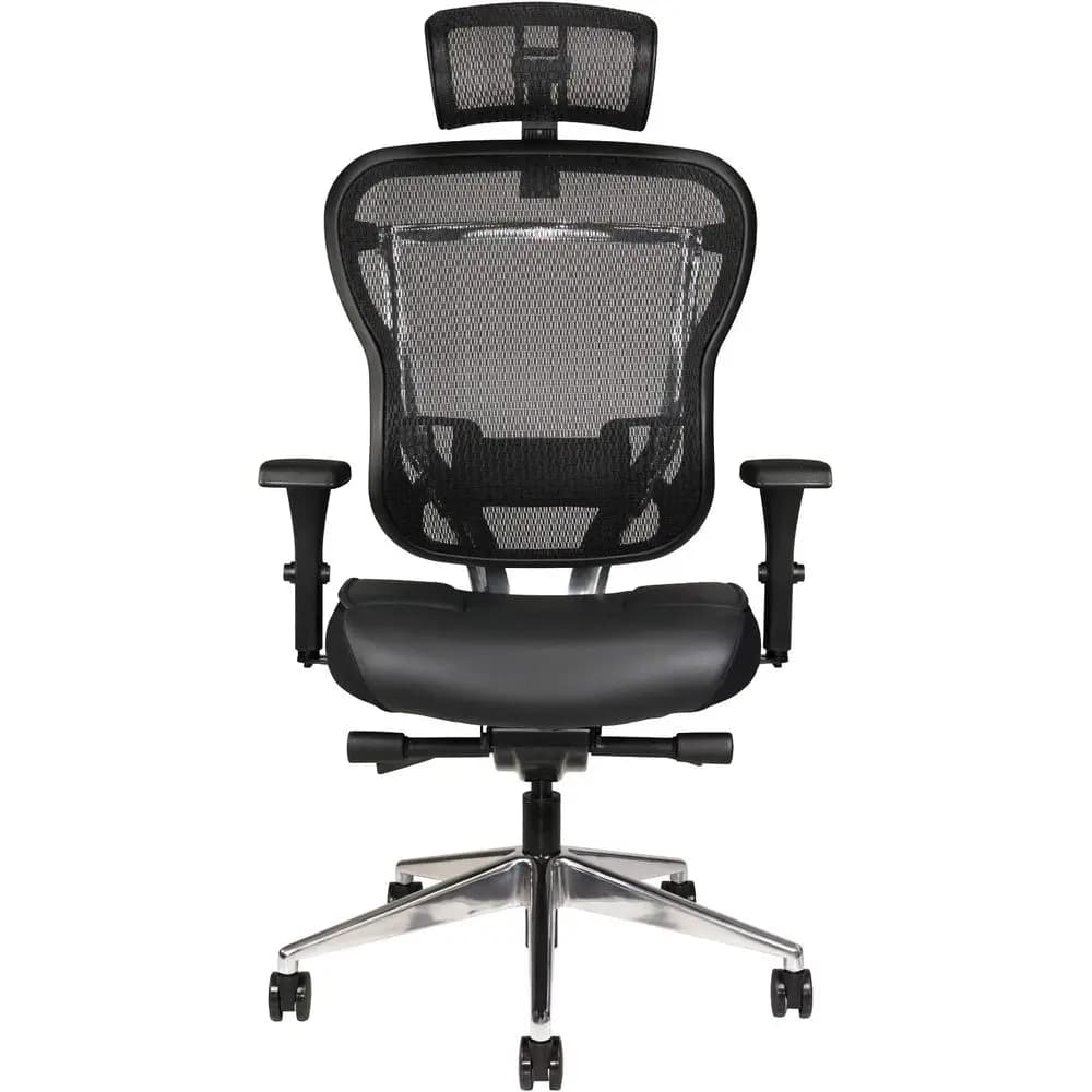 Sedia da ufficio serie RIA, sedia ergonomica direzionale per computer, cuscino in vera pelle, schienale in rete, supporto lombare regolabile, girevole