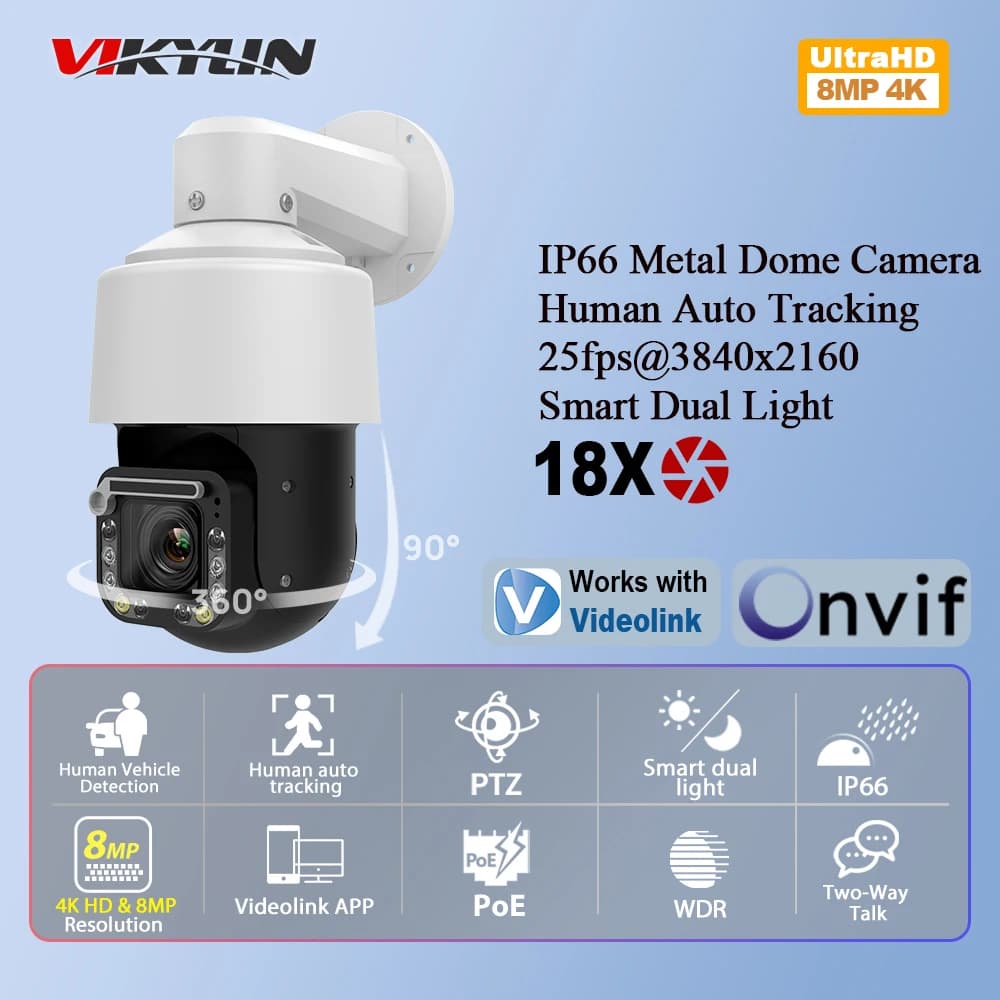 Vikylin 4K 8MP 18X Zoom PTZ IP Camera Smart Dual light Human Auto Tracking Two -way Audio CCTV Security Camera with Wiper Blade