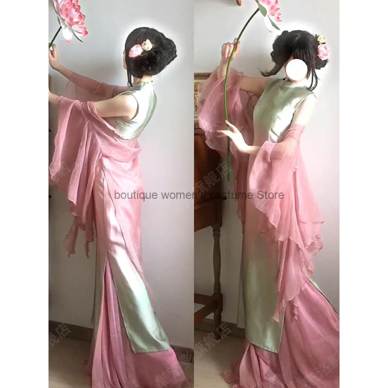 New Chinese-style Gradient Petal Gradient Dyeing Slim-fit Elegant Dress For Women New Summer Long High-end Cheongsam Dress