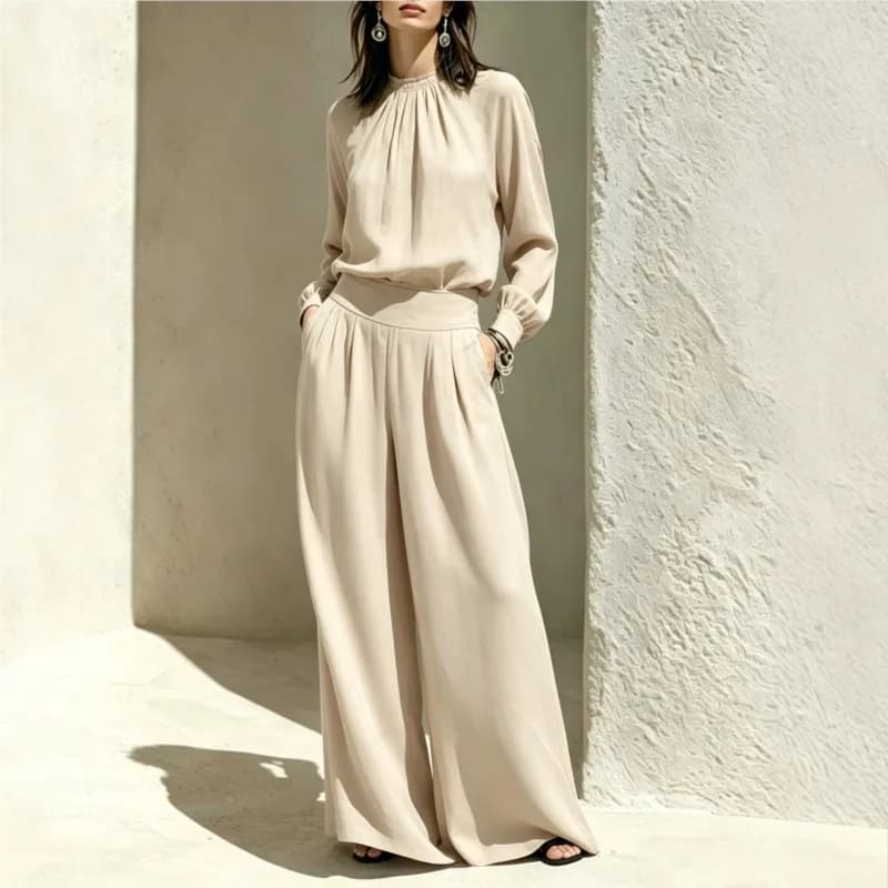 Autumn Elegant Women Long Sleeve Blouse High Waist Loose Wide Leg Trousers Two Piece Matching Outfit Summer Casual Wear Suit New