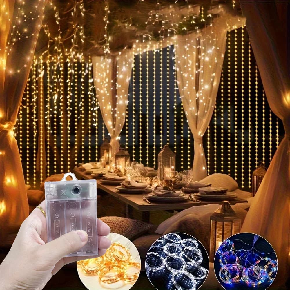 Luci a tenda a LED per decorazioni domestiche, a batteria, per esterni, Ramadan 2026, San Valentino, Eid Mubarak, decorazioni per camera da letto