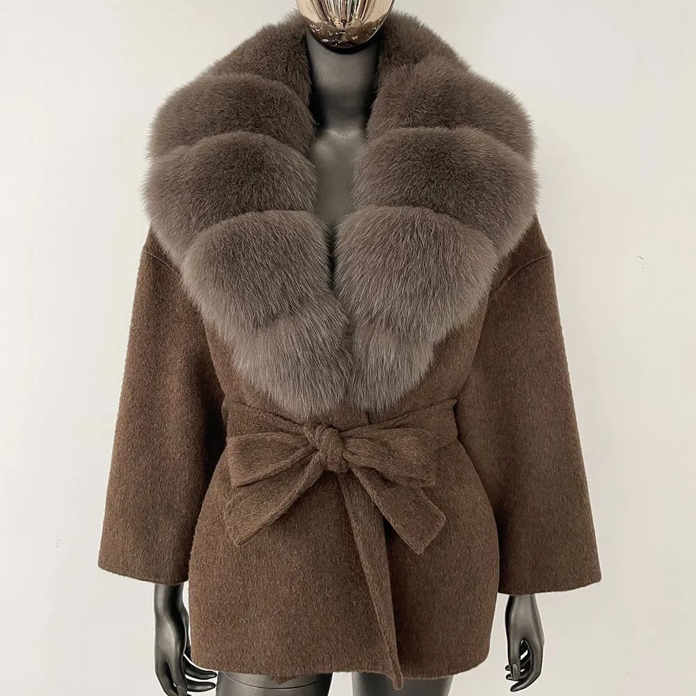 Woolen Jacket Elegant Wool Coat Women Loose Real Raccoon Fox Fur Coat 2026 Belt Pocket Winter Blends Outerwear Casual Spring