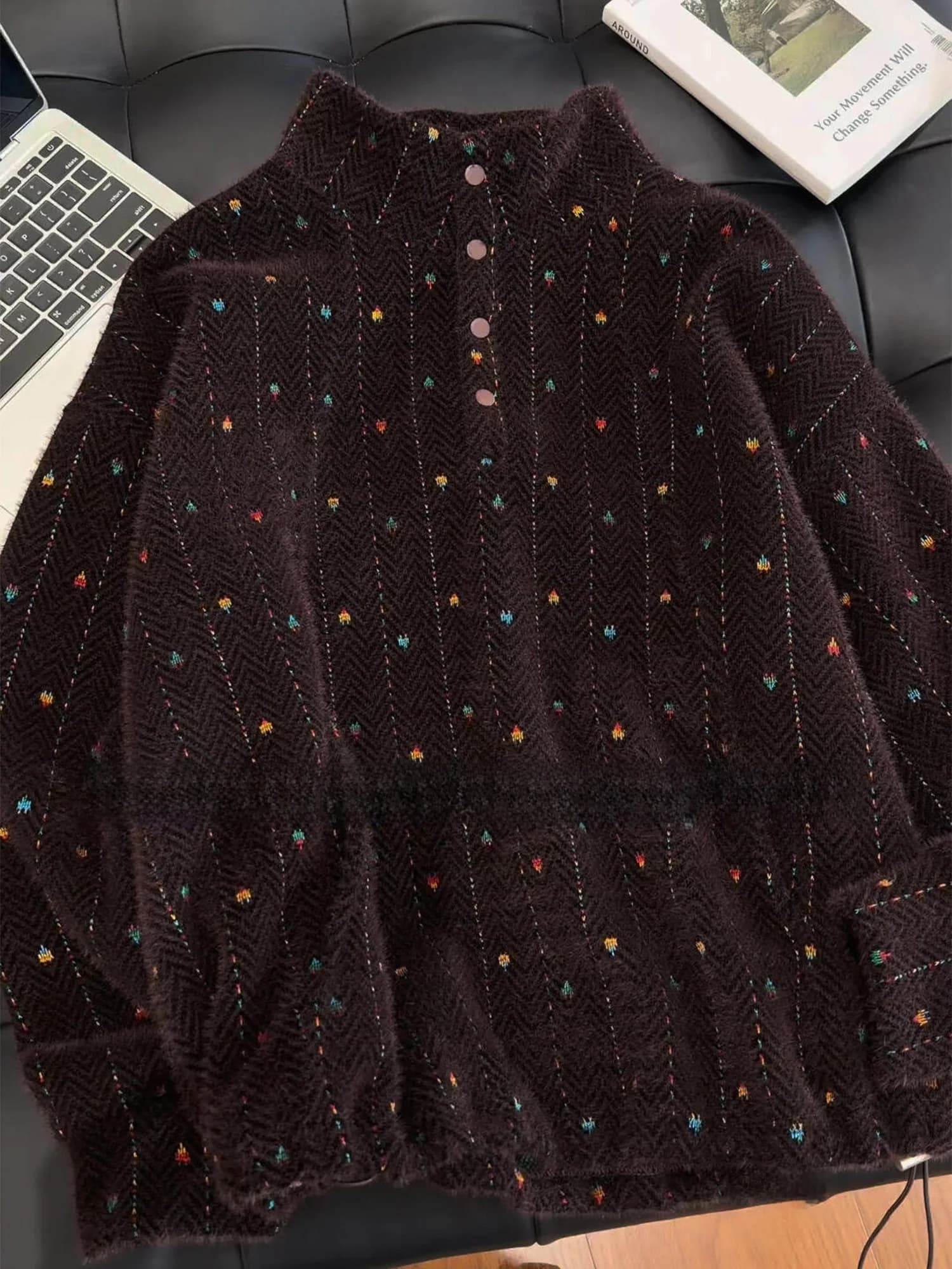 Retro Style Women's Zipper Hoodie Jacket Embroidered Gingham Pattern Stand Collar Windproof Long Sleeve Autumn Winter Coat
