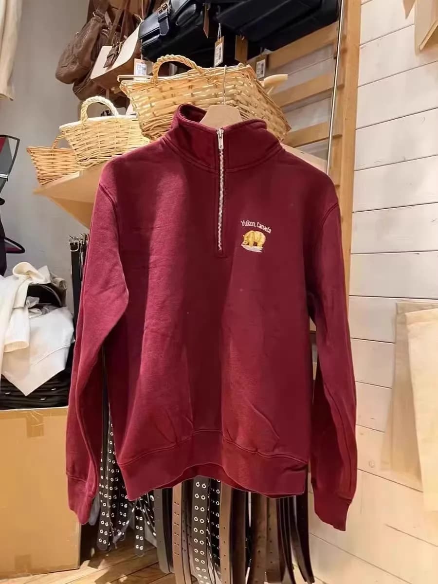 Women's Oversized Hoodie Jacket Bear Print Half Zipper Fleece Lined Autumn Winter American Retro Style Long Sleeve Top