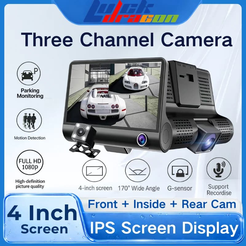 Triple Lens DVR Camera: Front, Interior and Back, Night Vision HD, Inverted Image, Parking Monitor, Sensor G, Vision Angle 170 Degrees