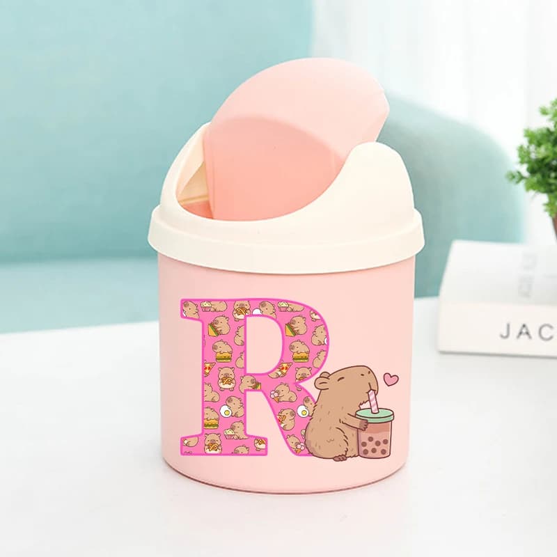 Capybara Trash Can Kids Anime Capibara Letter A-Z Garbage Bin Student School Waste Bins Desktop Organizer Wastepaper Basket Gift
