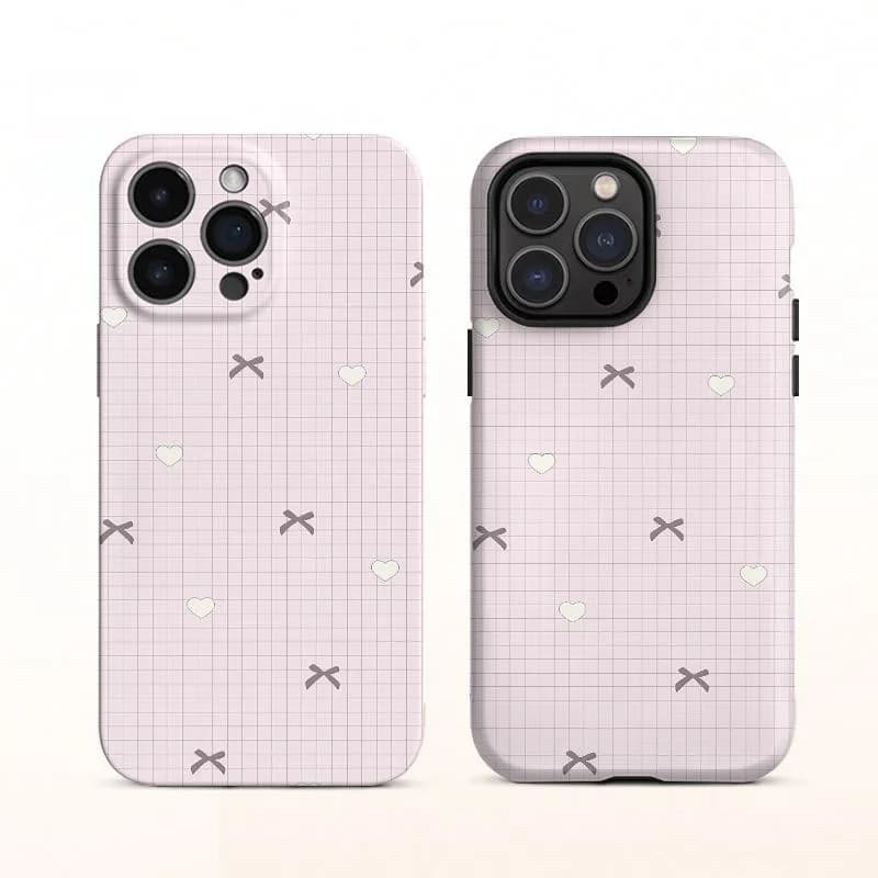 Custodia per telefono a doppio strato in PC con fiocco a griglia rosa per iPhone 17 16 E 15 14 13 12 11 Pro Max Air Mini 78 Plus XS Max XR